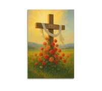 DHHMTPIYS Religious Poster Pastoral Style Cross With Roses And He Is Risen Decorative Painting Canvas Wall Posters And Modern Family Bedroom Decor 20x30inch(50x75cm)