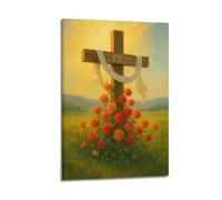 DHHMTPIYS Religious Poster Pastoral Style Cross With Roses And He Is Risen Decorative Painting Canvas Wall Posters And Modern Family Bedroom Decor 24x36inch(60x90cm)