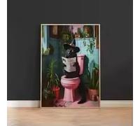 DHHXY Bathroom Vintage Pink Funny Toilet Whimsical Black Cat Reading Newspaper Canvas Painting Wall Art Poster Prints(35x50cm/Gallery Wrap)