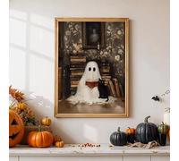 DHHXY Ghost Black Cat in A Library Canvas Prints Poster Whimsical Spooky Halloween Art Prints Fall Wall Art Home Decor Poster(40x60cm/Gallery Wrap)