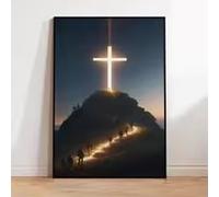 DHHXY Modern Christian Cross On The Top Of The Mountain Wall Art Canvas Painting Jesus Believers Posters for Home Church Decor(75x110cm/Gallery Wrap)