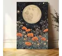 DHHXY Moon and Flowers Vintage Art Canvas Print - Celestial Mystique, Frameless Wall Decor Poster, for living room Decoration(60x80cm/Gallery Wrap)