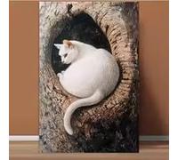 DHHXY White Cat in Tree Hollow Canvas Poster - Serene Nature-Inspired Wall Art for Bedrooms, Living Rooms, or Hallways(60x80cm/Gallery Wrap)