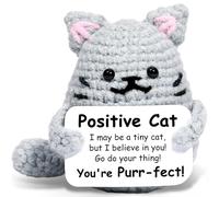 DHHYWWD Positive Crochet Animals with Encouragement Card Handmade Emotional Support Gift for Women, Friends, Cute Mini Orange Cat Positive Crochet for Cheer Up, Birthday or Party Decoration (grey)