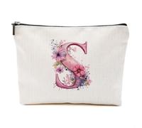 DHKG Flower Initial Makeup Bag Personalized Monogrammed Cosmetic Bag Wedding Birthday Boss Day Christmas Bridal Shower Gifts, Pink Flowers, 9.61 x 7.41 inches, S