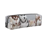 Dhnblqdp Husky Puppies Dogs Print Leather Pencil Case Pen Pouch Stationery Bag Organizer Storage for Student Office College Middle School Silver