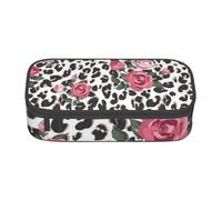Dhnblqdp Pink Cute Rose Mix Leopard Pattern Print Large Pencil Case for Boys Girls, Big Pencil Bag Pen Pouch Stationery Organizer Makeup Bag for Adults Office Supplies