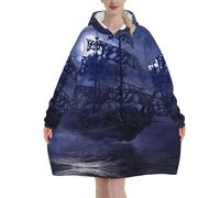 Dhnblqdp Pirate Boat Full Moon Print Hoodie Blanket - Soft Flannel Wearable Blanket With Pocket, Lightweight & Warm Pullover For Adults 280g Flannel