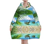 Dhnblqdp Seaside Boat Coconut Leaves Print Hoodie Blanket - Soft Flannel Wearable Blanket With Pocket, Lightweight & Warm Pullover For Adults 280g Flannel