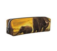 Dhnblqdp Sunset Parent-Child Elephant Print Leather Pencil Case Pen Pouch Stationery Bag Organizer Storage for Student Office College Middle School Silver