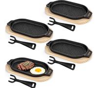 DHNDO 4 Pcs Cast Iron Skillet Set with Wooden Base, Fajita Grill Pan, Large | Sizzling Steak Frying Pan with Removable Handle for Home Restaurant Kitchen Cooking