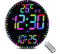 Dhnvcud 12" Large Digital Wall Clock with Remote Control, 12 RGB Colors, Auto Dimming, Dual Alarm, Temperature Date DST, LED Wall Clock for Living Room, Office, Gym, Classroom