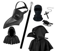 Dhnvcud 6PCS Plague Doctor Costume Set, Plague Doctor Mask Halloween Costume with Cloak Crow Necklace Scepter Full Face Mask for Cosplay, Halloween Masks Long Nose Beak Masks Black for Men Adult