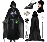 Dhnvcud Plague Doctor Halloween Costume, 8 in 1 Plague Doctor Mask Set, Halloween Costumes with Hooded Cloak, Headgear, Potion Bottle, Belt, Walking Cane, Metal Steampunk Gears, Cross Necklace