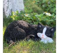 DHOBY GHAUT Sleeping Cat Statue Garden Decor, Outdoor Cat Sculpture & Figurine Lawn Ornament, Black & White Tabby Statue for Patio, Lawn, Yard Decorative, Cute Kitten Memorial Grave Accessory