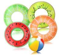 Dhqkqg 5 Pcs Inflatable Pool Floats, 4Pcs Inflatable Swimming Ring and 16" Beach Balls, 30" Watermelon Kiwi Orange Lemon Fruit Swimming Rings, Inflatable Pool Floats Set for Kids and Adults Pool Party