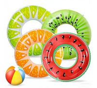 Dhqkqg 5 Pcs Inflatable Pool Floats, 4Pcs Inflatable Swimming Ring and 16" Beach Balls, 30" Watermelon Kiwi Orange Lemon Fruit Swimming Rings, Inflatable Pool Floats Set for Kids and Adults Pool Party