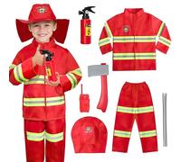 Dhqkqg Kids Fireman Costume, 7 Pcs Kids Firefighter Costume and Accessories, Fireman Fancy Dress, Firefighter Outfit, Kid Role Play Costumes for Boys and Girls Carnival Cosplay Party