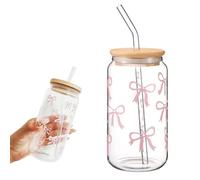 Dhqkqg Pink Bow Glass Cup Set, 16 Oz Iced Coffee Cup, Bow Cups with Lid and Straw, Reusable Glass Drinking Cups for Smoothies Beer Cola Juice Soda for Women Girls Friends