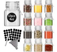 DHSBTLS 120ml Mini Square Spice Jars, 12 Pack Glass Mason Jars with Airtight Hinged Lid, Leak Proof Storage Container for Spices, Honey, Food Bottles with Silicone Funnel and 40 Labels &Chalkboard Pen
