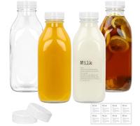 DHSBTLS 4 Pcs Glass Milk Bottles with Lid, 1000ml Reusable Glass Milk Container for Fridge to Store Fresh Milk, Airtight Heavy Duty Clear Juice Jar for Juice, Honey, Syrup, Extra 2 Lids& Stickers