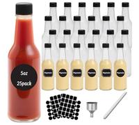 DHSBTLS 5 oz Hot Sauce Glass Bottles, 25 Pack Empty Clear Glass Woozy Bottles with Leak Proof Screw Cap, Orifice Reducer Dripper Insert and Shrink Capsules, Oil Bottle for Bordeaux Wine, Beverage
