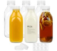 DHSBTLS 6 Pcs Glass Milk Bottles with Lid, 1000ml Reusable Glass Milk Container for Fridge to Store Fresh Milk, Airtight Heavy Duty Clear Juice Jar for Juice, Honey, Syrup, Extra 2 Lids& Stickers