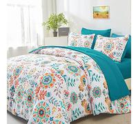 DHSFKBE Boho Comforter Set Twin - 5 Pieces Bed in a Bag Floral Medallions Design, Bohemian Comforter Set with Sheets, Soft Microfiber Complete Bedding Sets All Season (Teal Blue, Twin)