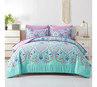 DHSFKBE Queen Comforter Set, 7 Piece Bed in a Bag, Boho Aqua and Lilac Damask Medallion Print Comforter with Sheets, Soft Microfiber Complete Bedding Set for All Season (Aqua, Queen)