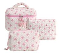 DHUJBFF 3Pcs Bowknot Quilted Makeup Bag Set Cotton Padded Cosmetic Organizer Pouch Large Capacity Toiletry Case with Handle Multifunctional Storage for Skincare & Jewelry, Ideal Gift for Women Girls