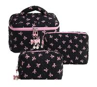 DHUJBFF 3Pcs Bowknot Quilted Makeup Bag Set Cotton Padded Cosmetic Organizer Pouch Large Capacity Toiletry Case with Handle Multifunctional Storage for Skincare & Jewelry, Ideal Gift for Women Girls