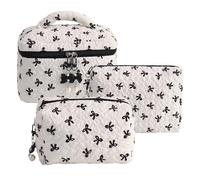 DHUJBFF 3Pcs Bowknot Quilted Makeup Bag Set Cotton Padded Cosmetic Organizer Pouch Large Capacity Toiletry Case with Handle Multifunctional Storage for Skincare & Jewelry, Ideal Gift for Women Girls