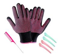 DHWEKU Heat Glove Curling Iron Heat Protection Glove Heat Resistant Gloves for Hair Styling with Non-Slip Silicone Nub, Pink, with 4 Clips and 1 Comb