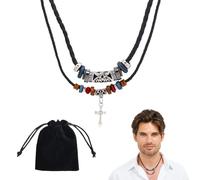 DHWEKU Men's Necklace, Leather Cord Chain, Fossil Bracelet, Cross Pendant, Vintage Style, Nordic Design, 45 cm, Men's Gift