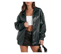 DHYUACN Women's Long-sleeved PU Lapel Jacket | Casual Artificial Leather Coat Waterproof Motorcycle Bomber Jacket