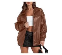DHYUACN Women's Long-sleeved PU Lapel Jacket | Casual Artificial Leather Coat Waterproof Motorcycle Bomber Jacket