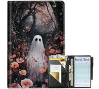 DHYYDSQZ Server Books for Waitress Waiter Book with Zipper Money Pocket Forest Ghosts Design PU Leather Cute Waitstaff Organizer Black Waiter Serving Book Wallet with Pen Holder Fit Server Apron