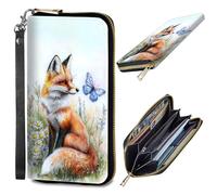 DHYYDSQZ Womens Wallet, PU Leather RFID Cute Wristlet Wallets for Girls Women Ladies, Cute Fox Butterfly, Womens Wallet