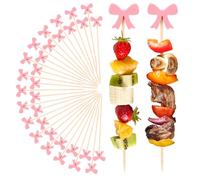DI QIU REN 100 Pcs Pink Bow Cocktail Picks Swizzle Stick Toothpicks 4.72 Inch Long Bamboo Toothpicks for Cocktail Appetizers Fruits Dessert Birthday Bridal Wedding Baby Shower Bow Party Decoration