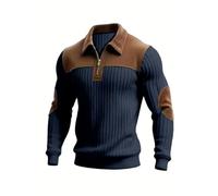 Di Yi Jia1 Men's Retro Color Block Polo Collar Sweater, HalfZip Ribbed Knit Pullover With Suede Accents For Fall/Winter S Navy Blue
