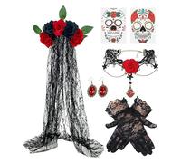 Día de Costume for Adult, Necklace and Headdress Set for Day of the Dead | Gloves Veil Earrings Necklace Costume Adult Party Halloween Stage Cosplay