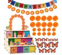 Dia De Los Muertos Altar Ofrenda, Wooden Day of The Dead Altar with Photo Frame, Altar De Muertos, Ofrenda Decorations included Altar Supplies Colorful Banner Light 20 Marigold Flowers 12 Butterflies