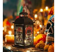 Dia de Los Muertos Decorations, Day of the Dead Decor, DECORKEY 13.4’’ Decorative Skull Men & Women Candle Lantern with 60" Lights, Metal Black Lantern for Ofrenda Altar Table Fireplace Mantel bar