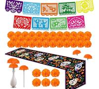 Dia De Los Muertos Decorations, Ofrenda Decorations for Altar, 2Pcs Papel Picado, Linen Mexican Table Runner, 50Pcs Marigold Garland for Day of The Dead