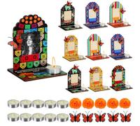 Dia De Los Muertos Decorations Picture Frames, Day of The Dead Altar with Candle, Marigold, Artificial Monarch Butterfly, Dia De Los Muertos Altar Kit Mini Sugar Skull Style Ofrenda Decorations