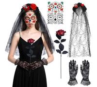 Dia De Los Muertos Headband, Day of the Dead Make-Up, Skull Tattoo Face, Day of the Dead Women's Costume Accessories with Rose Lace Gloves for Halloween, Carnival, Fancy Dress Party (A)