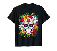 Dia De Los Muertos Leopard Sugar Skull Flower Mexican Women T-Shirt