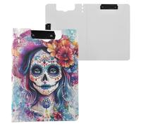 Dia De Los Muertos Mexican Purple Clipboard Double Metal Clips Pen Holder Clip Board with Cover Clipboard Padfolio Office Supplies