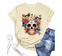 Dia De Los Muertos Shirt Women Funny Day of The Dead Skulls T-Shirt Fall Sugar Skull Garphic Tees Spooky Season Tops, Apricot, XXL