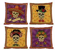 Dia De Los Muertos Sugar Skull Flower Throw Pillow Covers 18x18 Set of 4 Day of The Dead Deocr Pillow Case Mexican Fiesta Decorations and Supplies